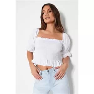 I Saw It First White Cotton Poplin Shirred Puff Sleeve Frill Hem Crop Top - White