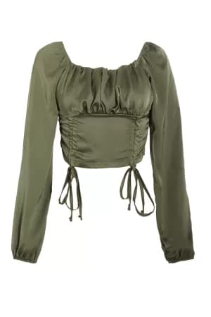 Quiz Black Satin Ruched Crop Top - S