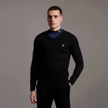 Mens V Neck Cotton Merino Jumper - Jet Black - L