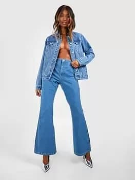 Boohoo High Waisted Disco Flare Jean - Mid Wash, Blue, Size 10, Women