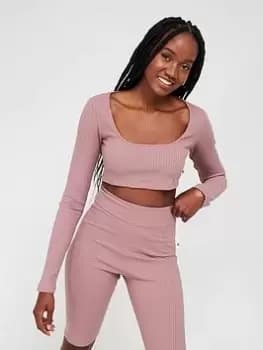 adidas Studio Lounge Rib Crop Long Sleeve Top - Light Red, Light Red Size M Women