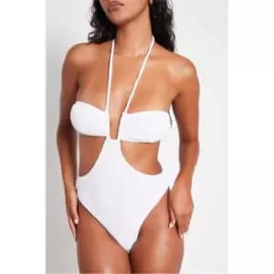 I Saw It First White Crinkle Rib U Bar Cut Out Halterneck Swimsuit - White