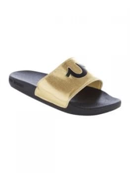 True Religion Logo Front Sliders Gold Silver