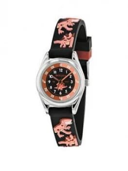 Tikkers Tikkers Black And Orange Dial Black Dinosaur Print Strap Kids Watch