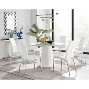 Furniture Box Palma White Marble Effect Round Dining Table and 6 White Isco Chairs