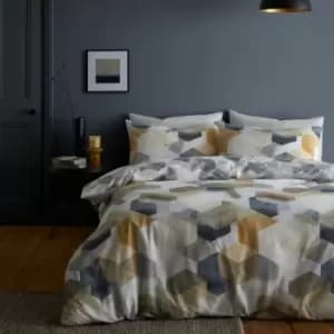 Bianca Hexagon Geometric Print 100% Cotton Reversible Duvet Cover and Pillowcase Set, Grey/Ochre, Single