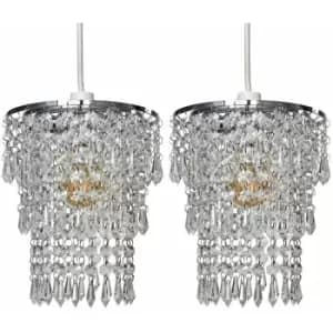Minisun - 2 x Chrome Chandelier Pendant Shades + Clear Acrylic Jewel Droplets
