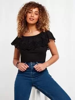 Joe Browns Broderie Frill Bardot T-Shirt - Black, Size 12, Women
