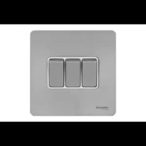 Schneider Electric Ultimate Screwless Flat Plate - 3 Gang Toggle 2 Way Light Switch, Single Pole, 16AX, GU1432WSS, Stainless Steel with White Insert