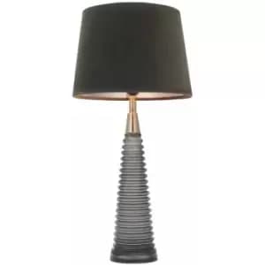 Table Lamp - Charcoal Ribbed Glass, Bright Nickel Plate & Mocha Velvet - 40W E27