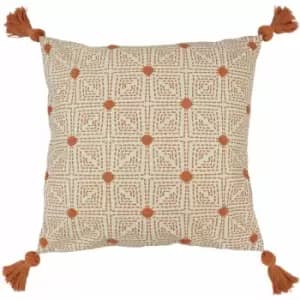 Furn - Chia Tufted Geometric Pom Pom Tassel Cushion Cover, Coral, 50 x 50 Cm