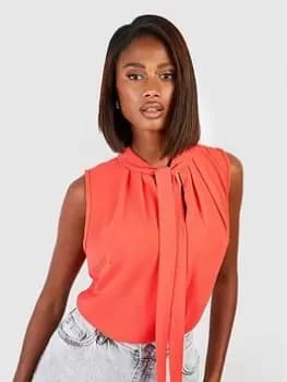 Boohoo Tie Neck Woven Blouse - Red Orange, Size 10, Women
