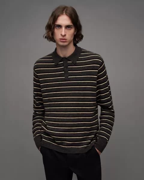 AllSaints Stafford Striped Long Sleeve Polo Jumper
