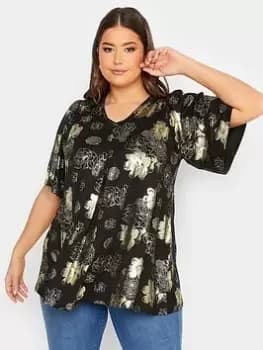 Yours Luxury Foil Pleat Front Top, Black, Size 16, Women