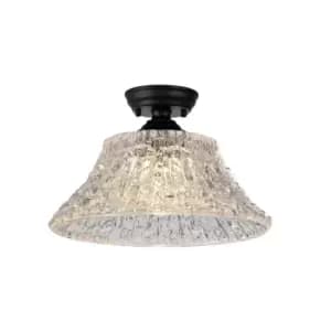 Dresden Flush Ceiling Lamp E27 With Round 38cm Patterned Glass Shade Matt Black, Clear