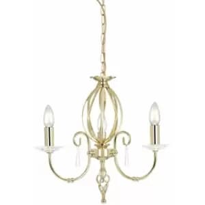 Loops - 3 Bulb Chandelier Cut Glass Droplets Central Curved Stem Polished Brass E14 60W