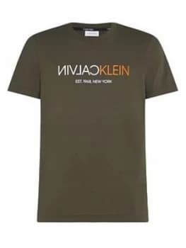 Calvin Klein Text Reverse Logo T-Shirt - Dark Olive, Dark Olive, Size 4XL, Men