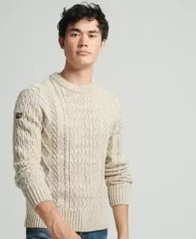 Superdry Mens Jacob Cable Crew Jumper Beige / Oatmeal Marl - Size: L
