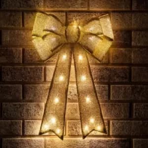 The Christmas Workshop 50cm Light Up Fabric Bows / 25 White LEDs/Battery Powered with Timer Function/Indoor or Outdoor Festive Decoration (Gold)