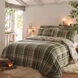Dreams & Drapes Lodge Winter Forest Check 100% Brushed Cotton Reversible Duvet Cover Set, Green, Super King