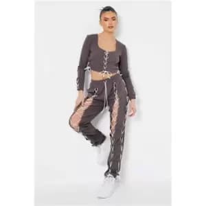 I Saw It First Charcoal Lace Up Detail Soft Touch Tracksuit - Grey
