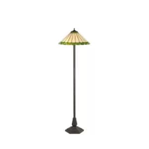 2 Light Octagonal Floor Lamp E27 With 40cm Tiffany Shade, Green, Crystal, Aged Antique Brass