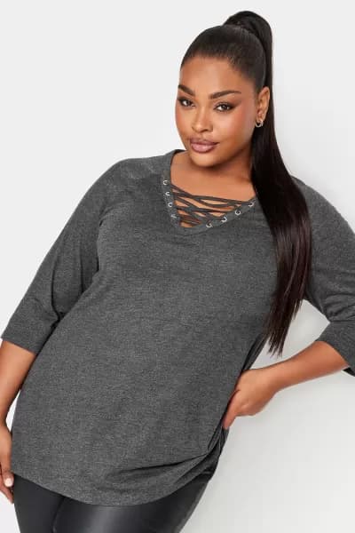 Yours Lace Up Eyelet Top Charcoal