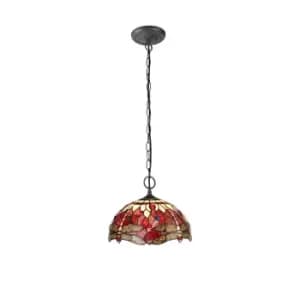 2 Light Downlighter Ceiling Pendant E27 With 30cm Tiffany Shade, Purple, Pink, Crystal, Aged Antique Brass