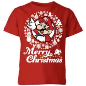 Nintendo Super Mario Merry Christmas White Wreath Kid's T-Shirt - Red - 11-12 Years