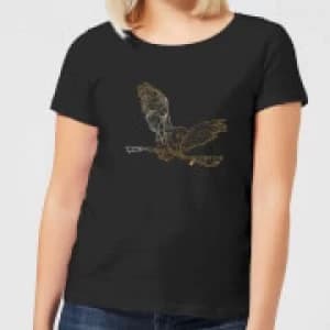 Harry Potter Hedwig Broom Gold Womens T-Shirt - Black