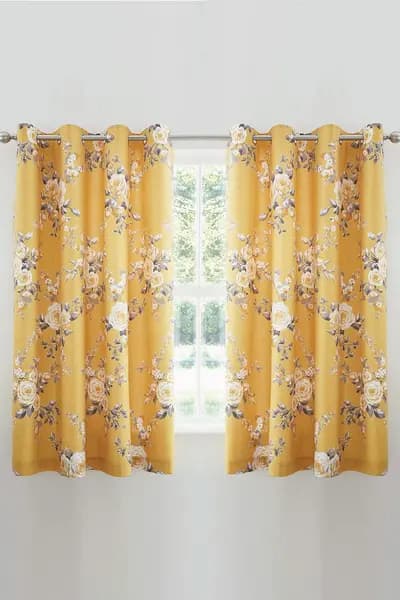 Catherine Lansfield 'Canterbury' Floral Eyelet Curtains Mustard