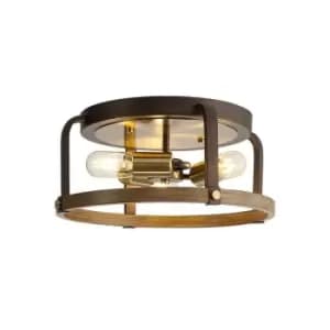 Luminosa Lighting - Luminosa Goshen Flush Round 3 Light E27, Antique Bronze, Brown Oxide, Wood