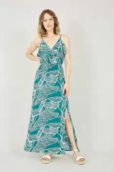 Green Tropical Print Maxi Frill Dress