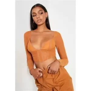 I Saw It First Rust Mesh Corseted Long Sleeve Top - Orange