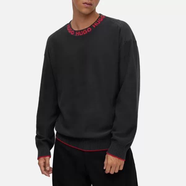HUGO Mens Smarlo Knitted Neck Logo Jumper - Black - S
