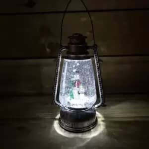 Samuel Alexander - 24cm Premier Christmas Water Spinner Antique Silver Effect Hurricane Lantern Style with Snowman & Penguin Scene