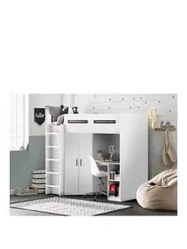 Julian Bowen Hercules High Sleeper With Wardrobe, Desk And Shelving - White