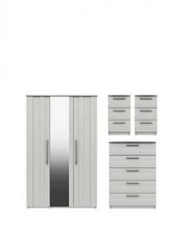 Taylor Part Assembled 4 Piece Package - 3 Door Mirrored Wardrobe, 5 Drawer Chest And 2 Bedside Chests