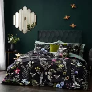 Midnight Bee Floral Digital Print Velvet Duvet Cover Set, Black, Double - Wylder