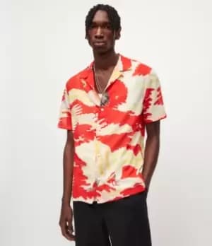 AllSaints Mens Miyako Crane Print Shirt, Red/Yellow, Size: L