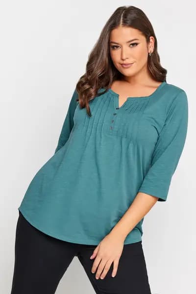 Yours Pintuck Henley Cotton Top Teal
