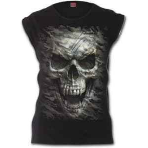 Camo-Skulll Zip Side Ribbed Gothic Womens Large Sleeveless Top - Black