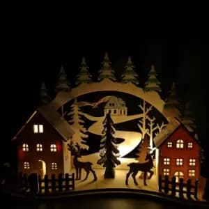 19cm Battery Operated Light up Warm White Christmas Winter Wooden Village Scene with Reindeer