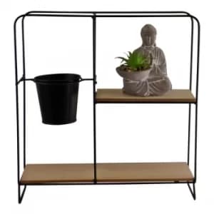 Freestanding Square Black Metal Shelf Unit With Pot & Buddha Statue