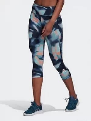 adidas Feelbrilliant Aeroready You For You 3/4 Printed Sport Leggings, Blue/Black Size M Women