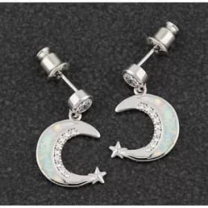 Opalescent Moon Star Platinum Plated Earrings