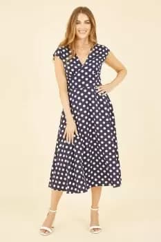 Navy Spot Print Kimono Sleeve Midi Dress