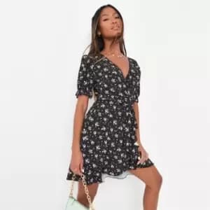 Missguided Wrap Ss Printed Tea Dress Ditsy - Black