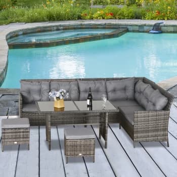 Outsunny 6 PC Garden Rattan Corner Dining Sofa Set 7-seater Outdoor Wicker Conservatory Furniture Lawn Patio Coffee Table Foot Stool w/ Cushion - Grey