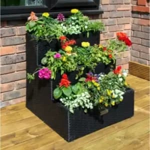 3 Tier Rattan Planter Black Raised Flower Bed Garden Patio Pot - Rowlinson